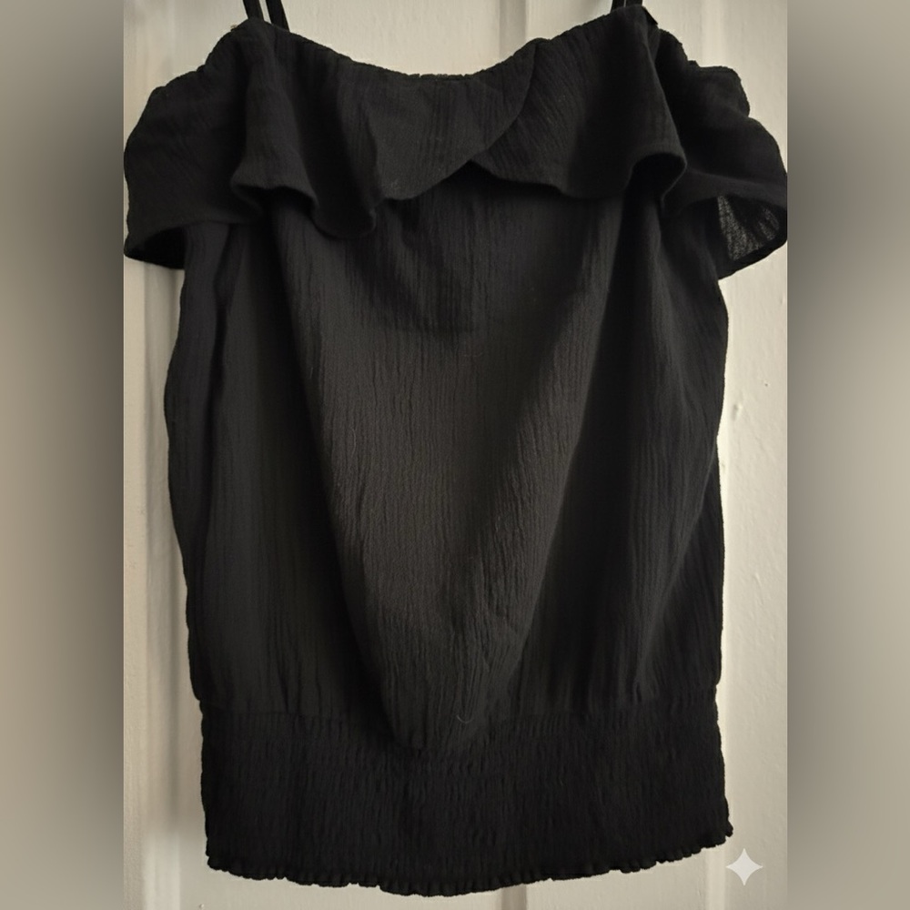 GUESS Ruffled Textured Cami Tank Women Small Black Smocked Hem Boho